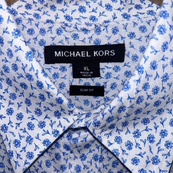 Michael Kors Linen Short Sleeve Button Down Shirt XL Slim Fit Blue White Floral - Picture 5 of 9